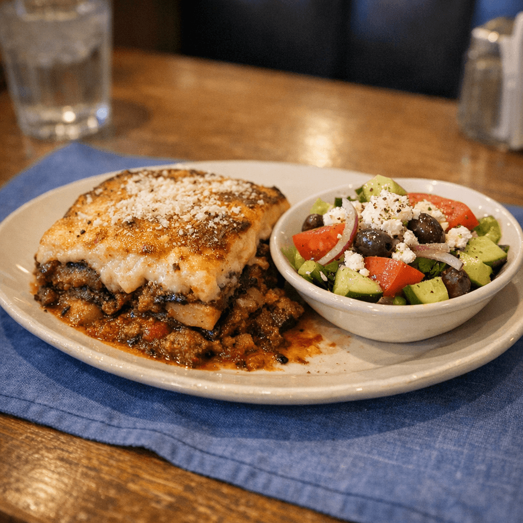 Moussaka with a side of Greek Salad